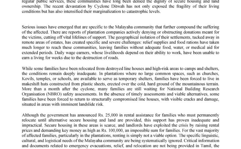CEJ supports PARL’s call to action regarding the Right to Land and Housing of the Malaiyaha Community in the Aftermath of Cyclone Ditwah